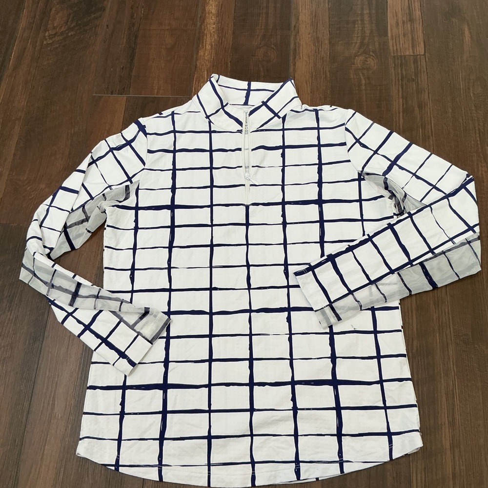 IBKUL Grid Print Quarter Zip Sun Shirt White Navy Blue UPF 50 IceFil Medium